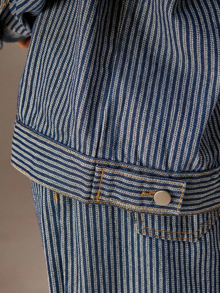 CM-CS757755 Women Casual Seoul Style Collar Neckline Long Sleeve Washed Striped Denim Jacket - Blue