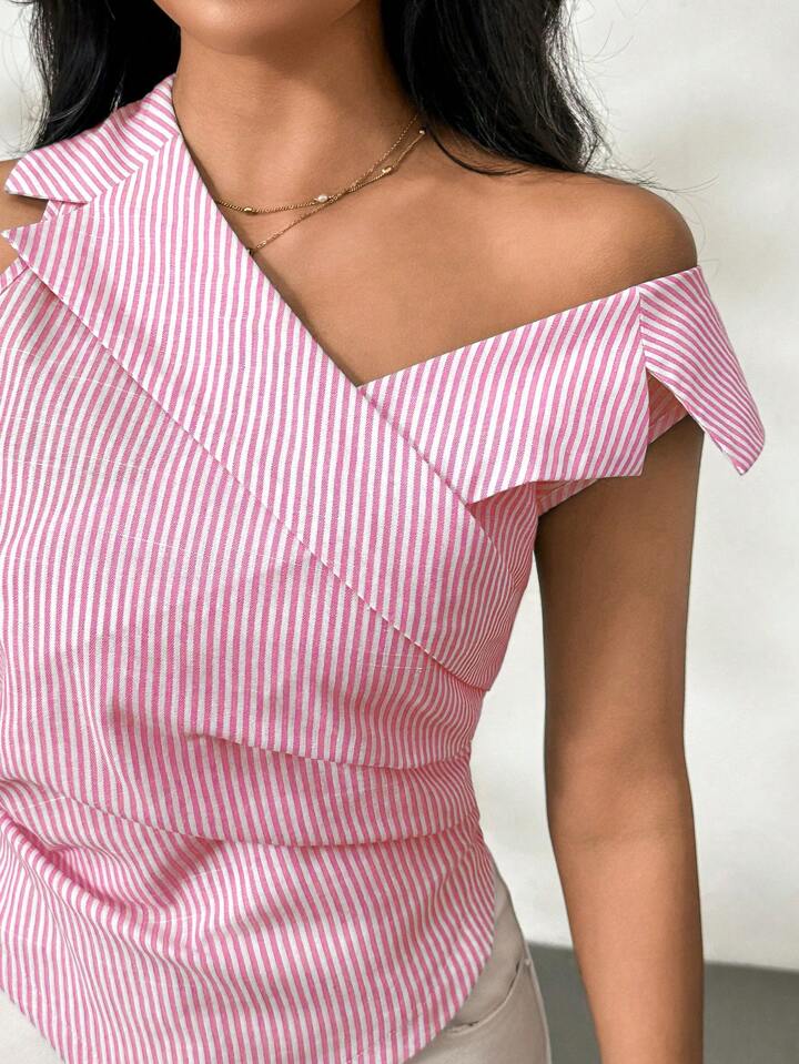 CM-TS604187 Women Casual Seoul Style Asymmetrical Neckline Striped Print Sleeveless Shirt - Pink
