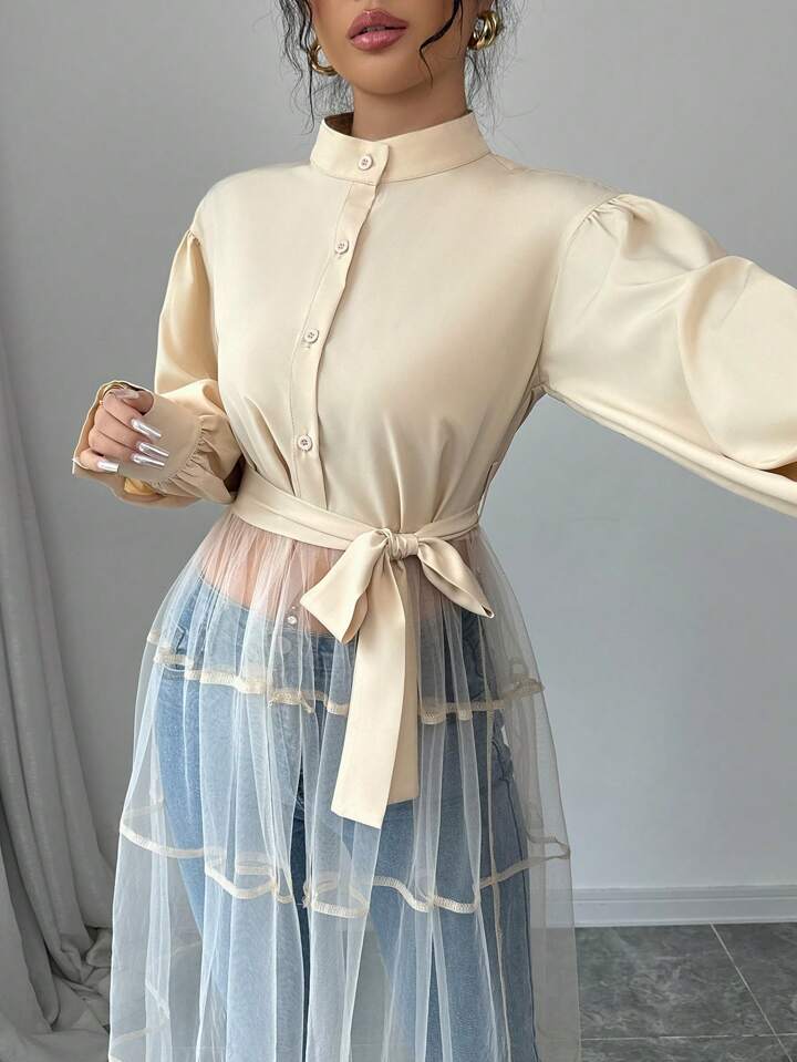 CM-TS484032 Women Casual Seoul Style Front Button Long Sleeve Mesh Contrast Minimalist Blouse