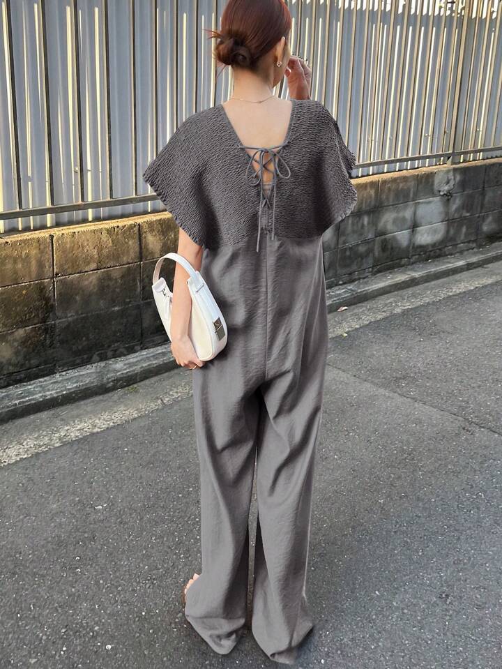 CM-JS643449 Women Trendy Bohemian Style V-Neck With Drawstring Jumpsuit Trousers - Dark Gray