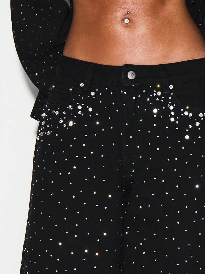 CM-BS147229 Women Casual Seoul Style Baggy High Rise Wide Leg Embellished Rhinestone Details Jeans - Black