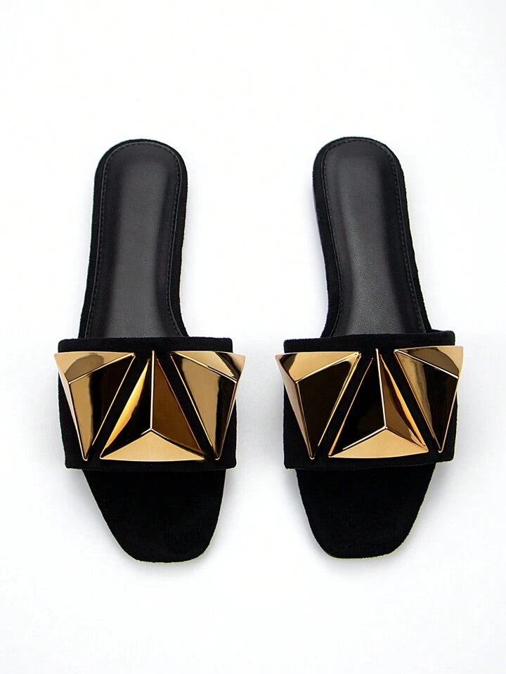 CM-SHS803122 Women Elegant Seoul Style Metallic Studded Decor Slide Sandals - Black