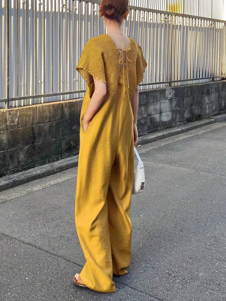 CM-JS619411 Women Trendy Bohemian Style V-Neck With Drawstring Jumpsuit Trousers - Yellow