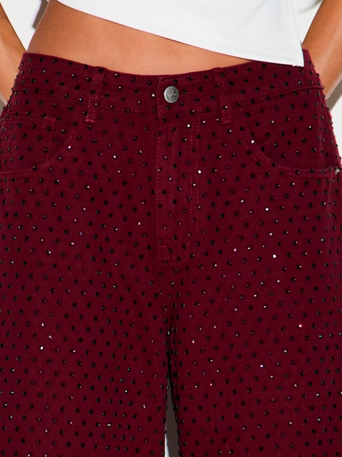 CM-BS342814 Women Elegant Seoul Style Low Waist Allover Rhinestone Polka Dot Embellishment Wide Leg Denim Pants - Burgundy