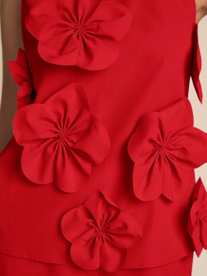 CM-SS257117 Women Elegant Seoul Style Stand Colllar Sleeveless 3D Floral Decor Top With Wide Leg Pants - Set