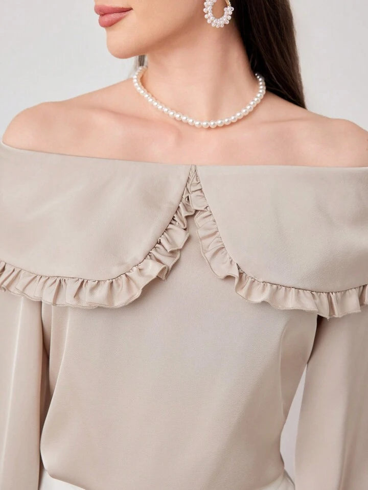 CM-TS399262 Women Elegant Seoul Style Off the Shoulder Long Sleeve Blouse - Apricot