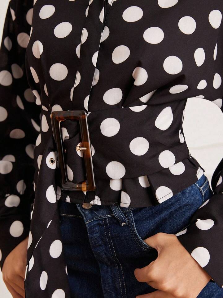 CM-TS808252 Women Elegant Seoul Style Pleated Cinched Waist Exaggerated J-Shaped Buckle Puff Sleeve Blouse