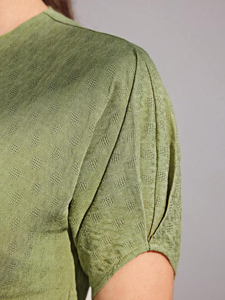 CM-DS764766 Women Elegant Seoul Style Round Neck Short Sleeve Pleated Waist Dress - Green