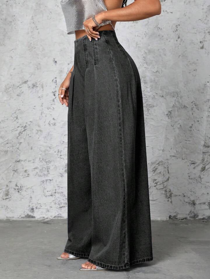 CM-BS521123 Women Casual Seoul Style High Waist Fold Pleated Ultra Wide-Leg Jeans - Dark Gray