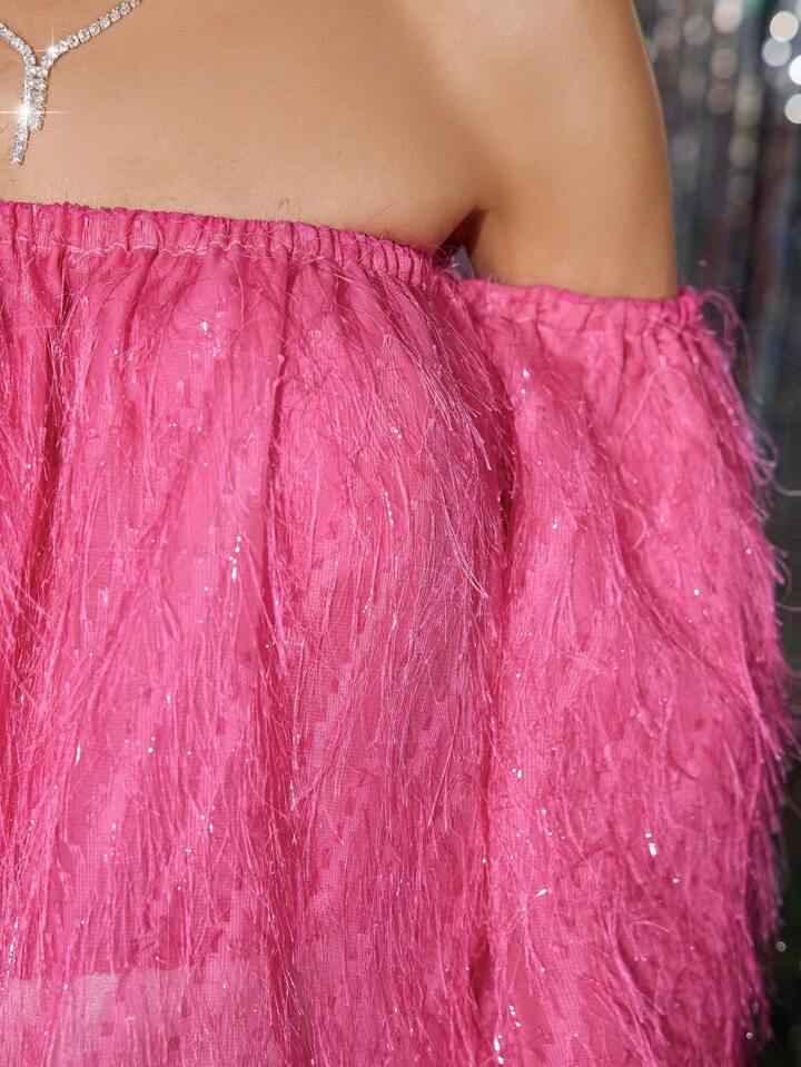CM-TS011034 Women Elegant Seoul Style Off the Shoulder Flounce Sleeve Fringe Detail Shirt