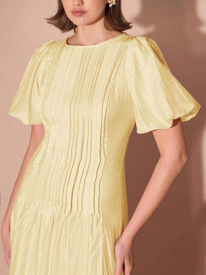 CM-DS122255 Women Elegant Seoul Style Round Neck Bubble Pleat Puff Long Sleeve Maxi Dress - Yellow