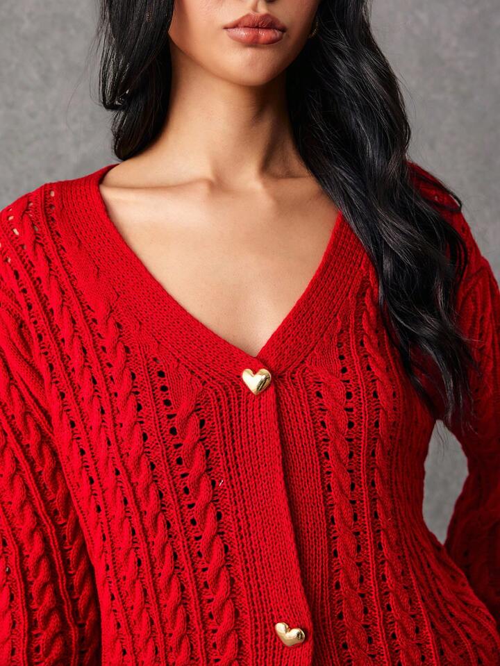 CM-CS093421 Women Casual Seoul Style Heart Metal Button Hollow Knit Cardigan Loose Cardigan
