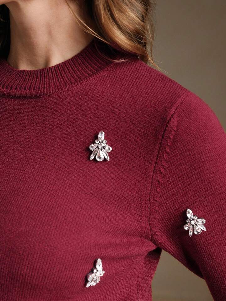CM-TS561461 Women Casual Seoul Style Rhinestone Decor Round Neck Long Sleeve Knitted Top - Burgundy