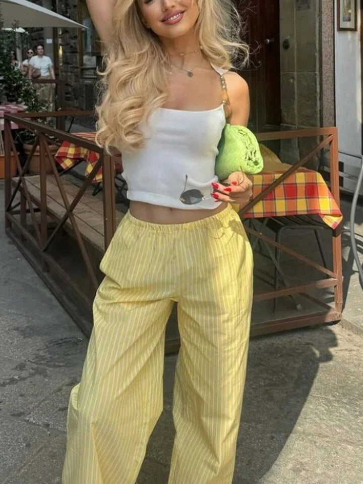 CM-SS310832 Women Trendy Bohemian Style Striped Drop Shoulder Long Sleeve Blouse With Wide Leg Pants - Set