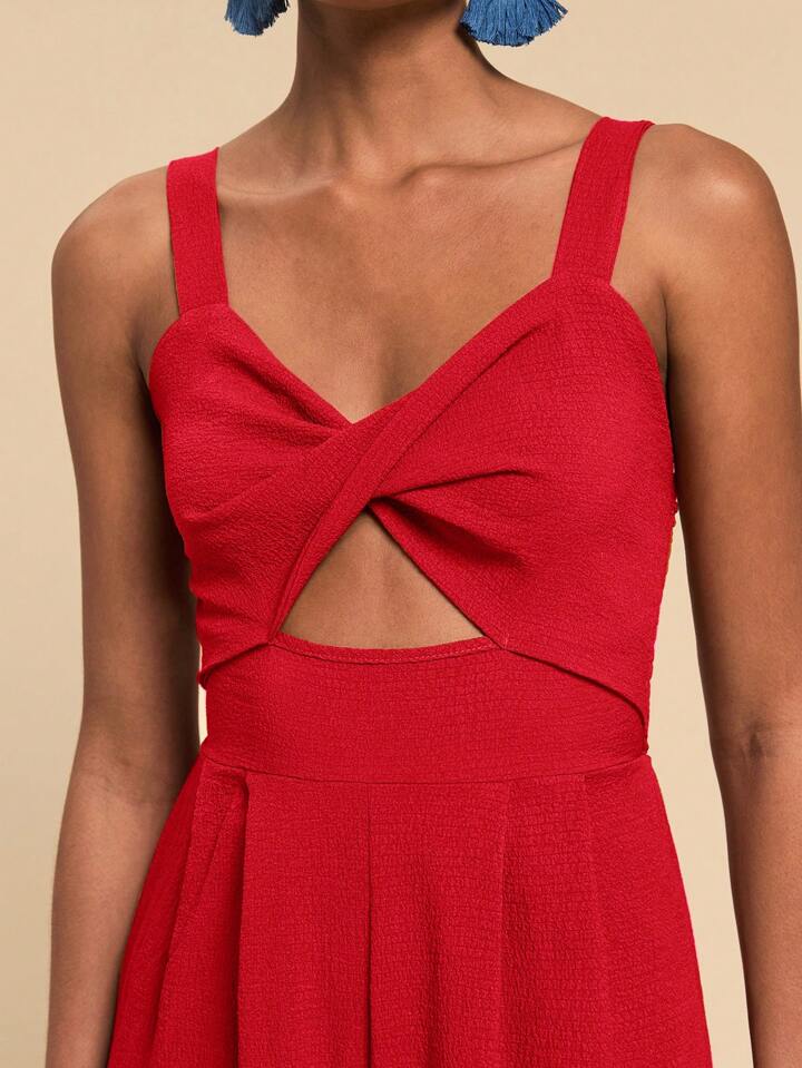 CM-JS765011 Women Trendy Bohemian Style Twist Front Cutout Cami Jumpsuit - Red