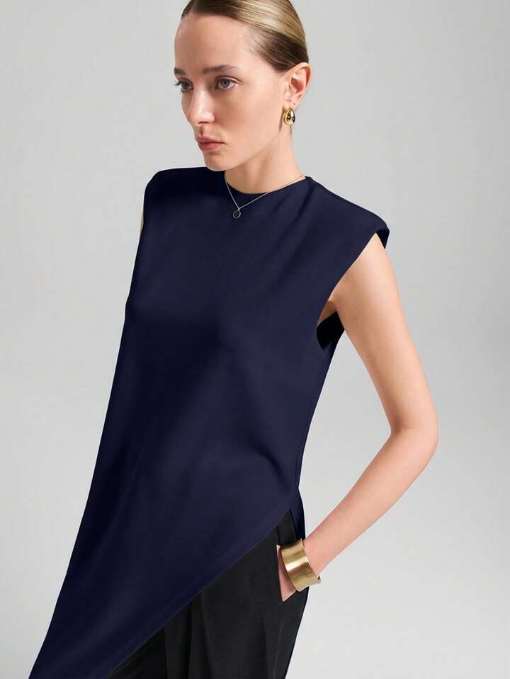 CM-TS650348 Women Casual Seoul Style Round Neck Wide Shoulder Sleeveless Asymmetric Hem Mid-Length Top - Navy Blue