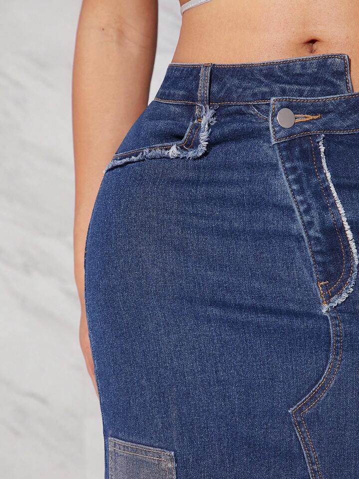 CM-BS112001 Women Casual Seoul Style Asymmetrical Waist High Slit Denim Skirt