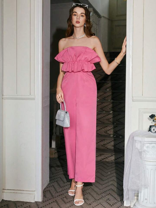 CM-JS829863 Women Elegant Seoul Style Ruffled Strapless High Waist Jumpsuit - Pink