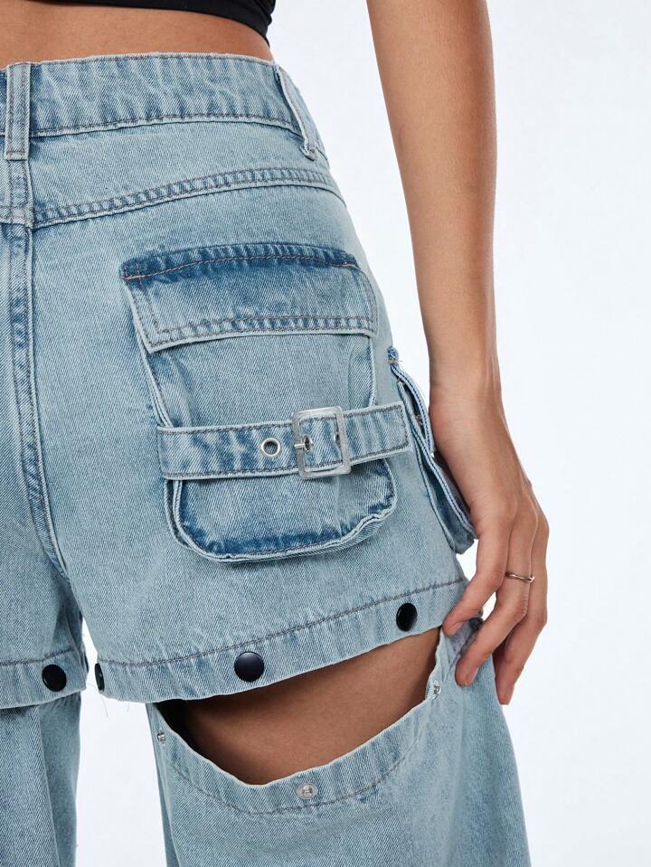 CM-BS743441 Women Casual Seoul Style Mid Waist Solid Color Wide-Leg Hollow Out Pocket Jeans - Blue