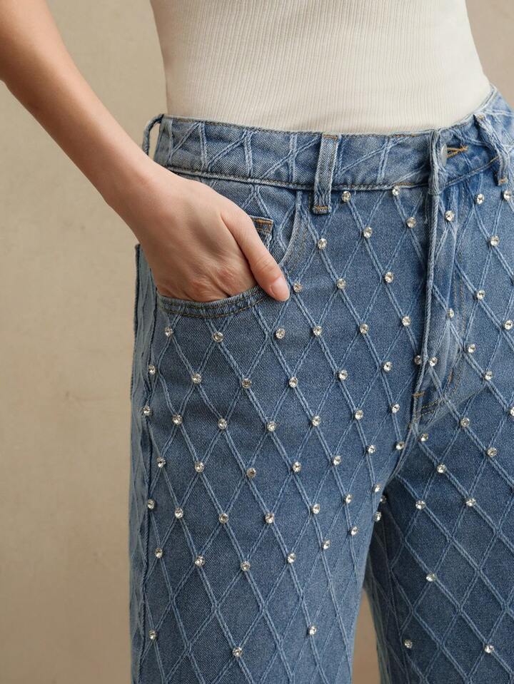 CM-BS388817 Women Elegant Seoul Style Mid Waist Beaded Embellished Straight Leg Jeans - Blue