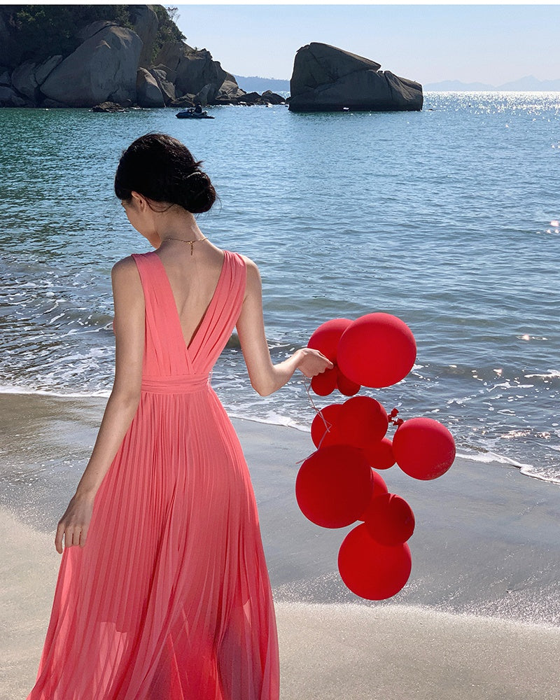 CM-DY000209 Women Trendy Bohemian Style Sleeveless Chiffon Maxi Dress - Red