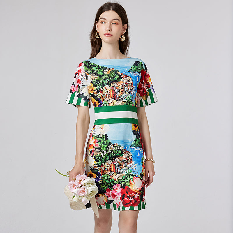 CM-DY000342 Women Elegant European Style Horizontal Collar High Waist Slim Mini Dress