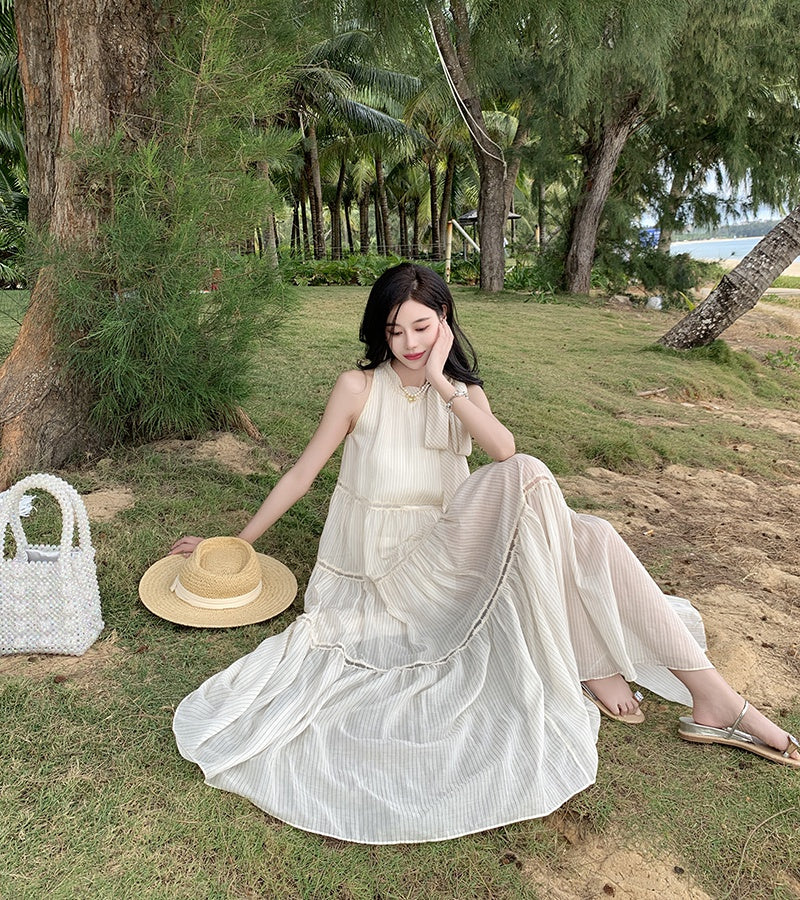 CM-DY000377 Women Trendy Bohemian Style Sleeveless Hollow Stripe Chiffon Maxi Dress