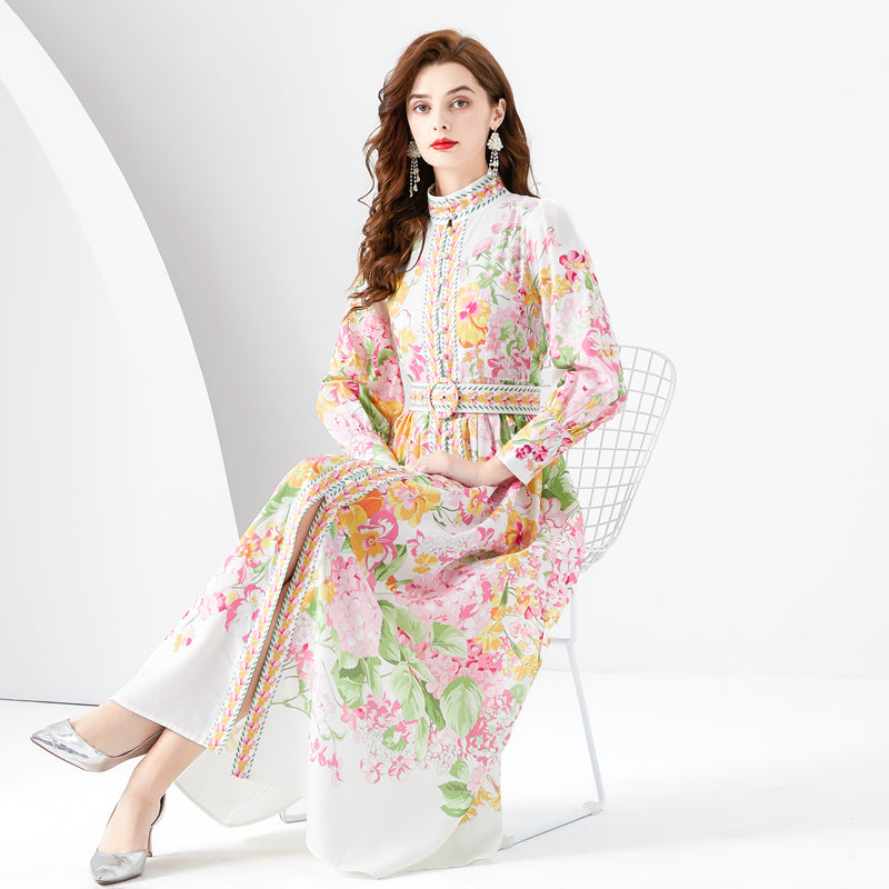 CM-DY001103 Women Retro European Style Stand Collar Long Sleeve Maxi Dress