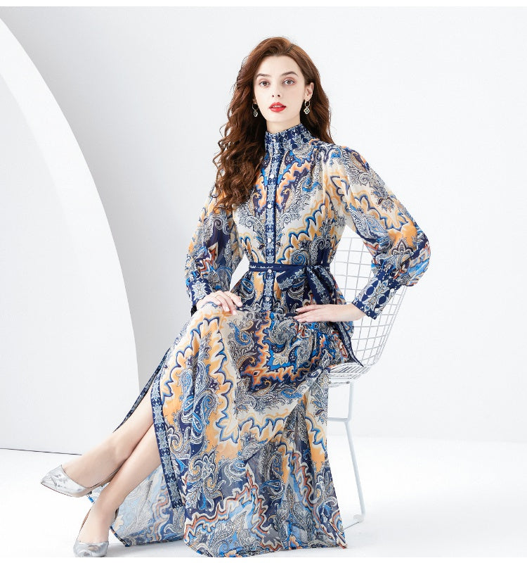 CM-DY001106 Women Retro European Style Stand Collar Lantern Sleeve Maxi Dress