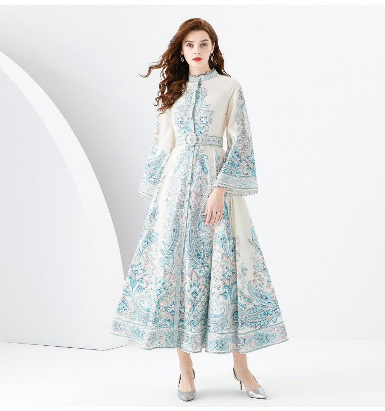 CM-DY001109 Women Retro European Style Stand Collar Trumpet Sleeve Maxi Dress