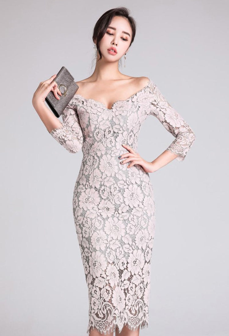 CM-DY001177 Women Elegant Seoul Style Lace Horizontal Collar 3/4 Sleeve Slim Dress