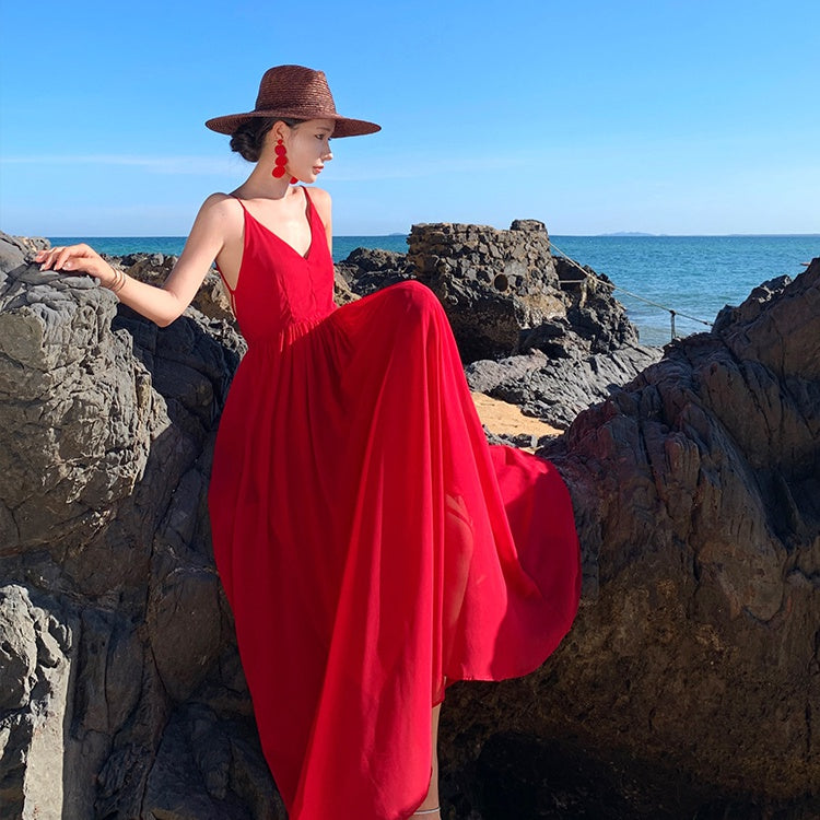 CM-DY001376 Women Trendy Bohemian Style Sleeveless Backless Maxi Dress - Red
