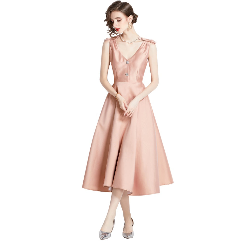 CM-DY002761 Women Elegant European Style V-Neck Sleeveless Midi Dress - Apricot