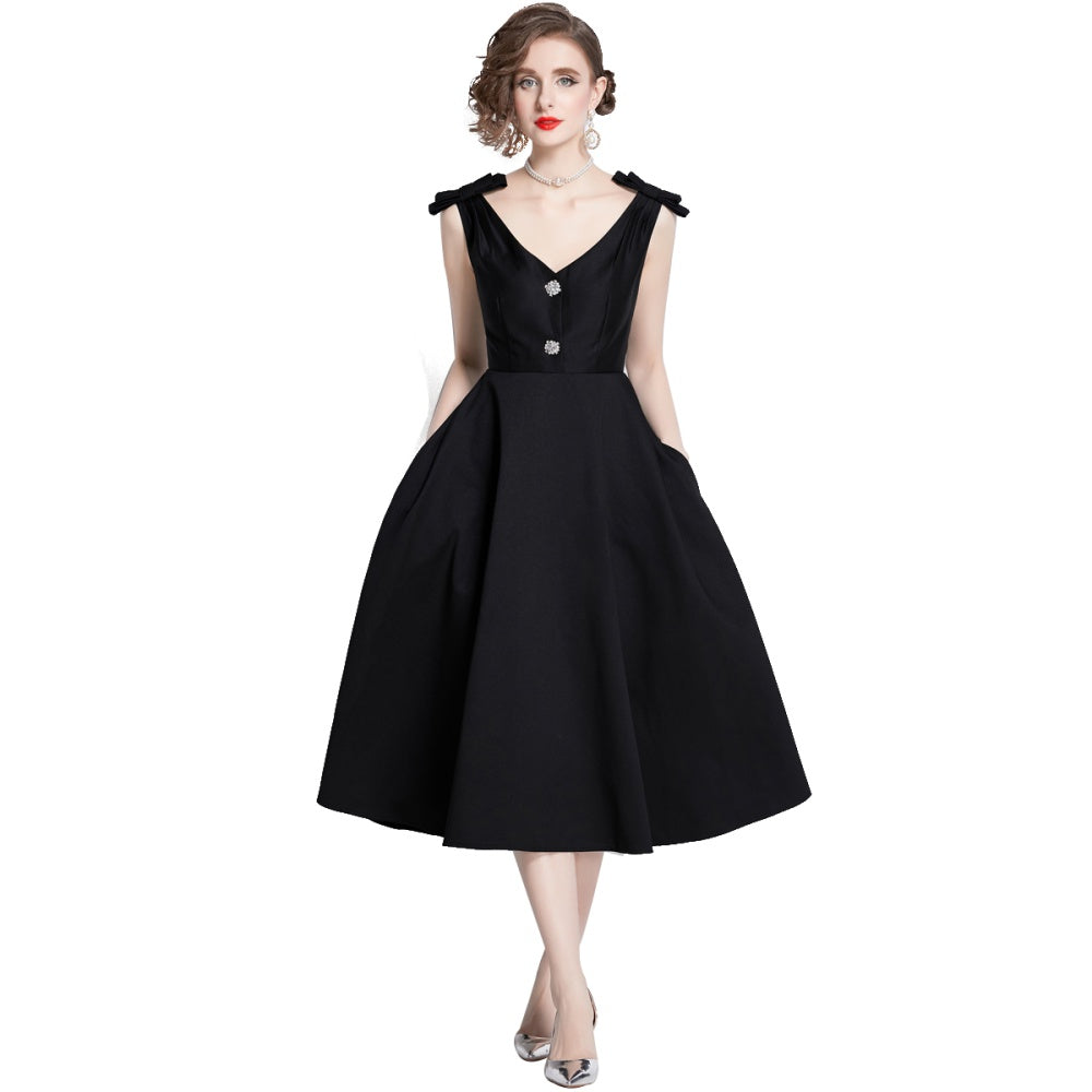 CM-DY002762 Women Elegant European Style V-Neck Sleeveless Midi Dress - Black