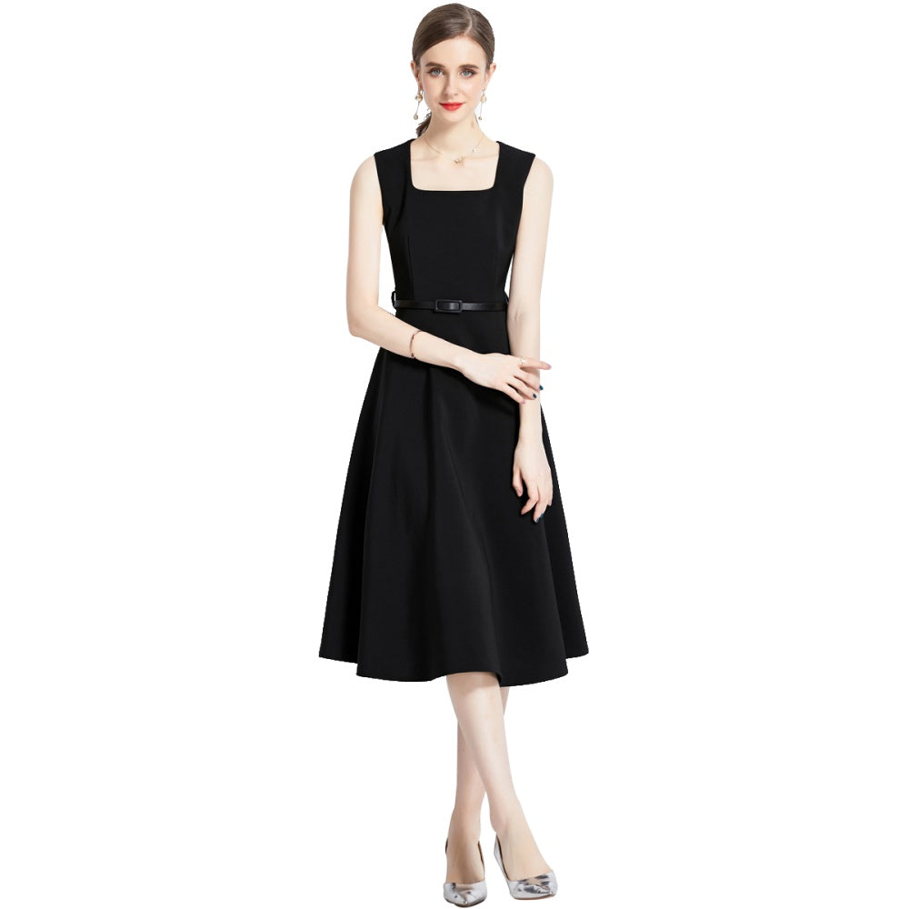 CM-DY002767 Women Elegant European Style Square Collar Sleeveless A-Line Dress - Black