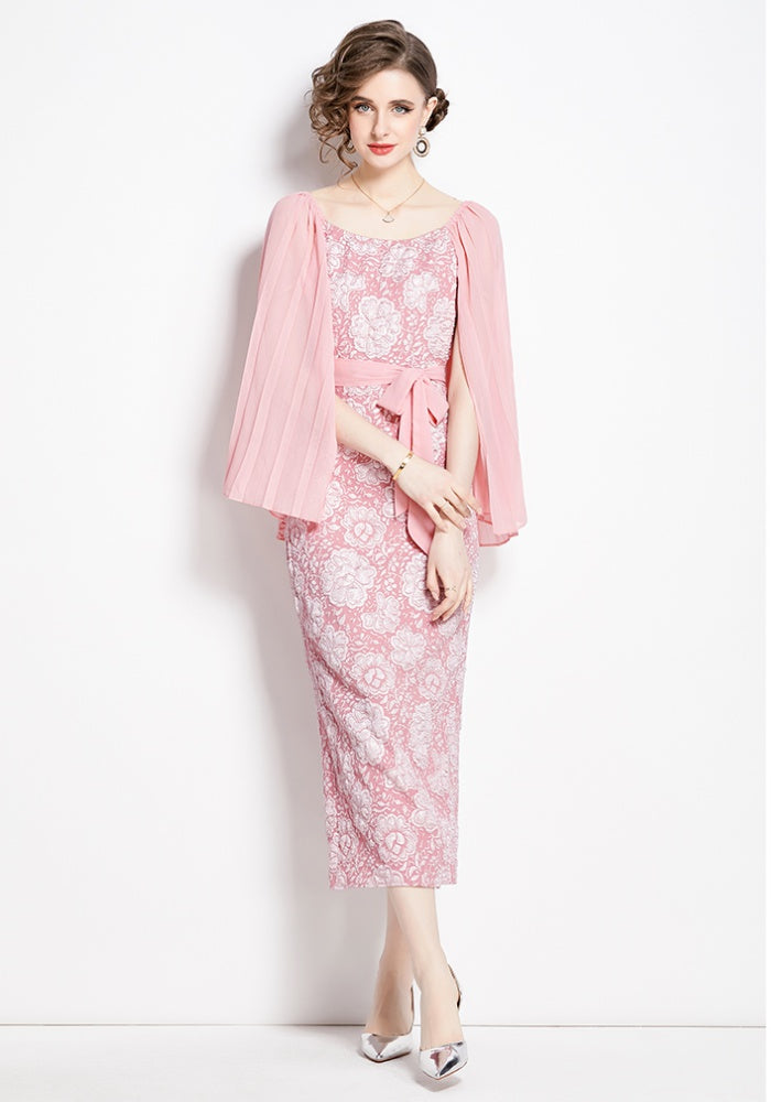 CM-DY002808 Women Retro European Style Pinched Waist Splice Crimp Sleeve Dress - Pink