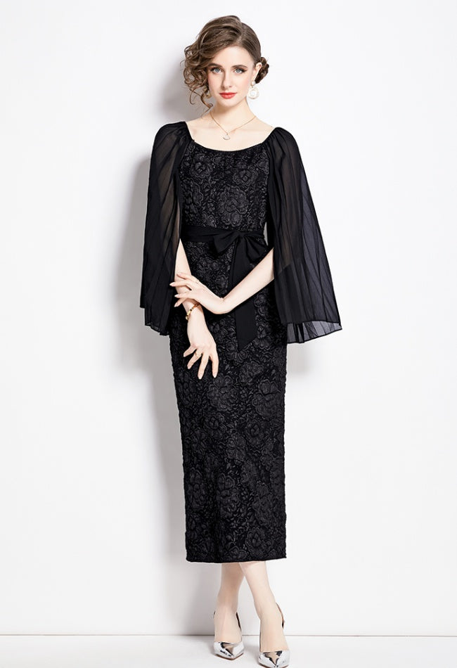 CM-DY002810 Women Retro European Style Pinched Waist Splice Crimp Sleeve Dress - Black
