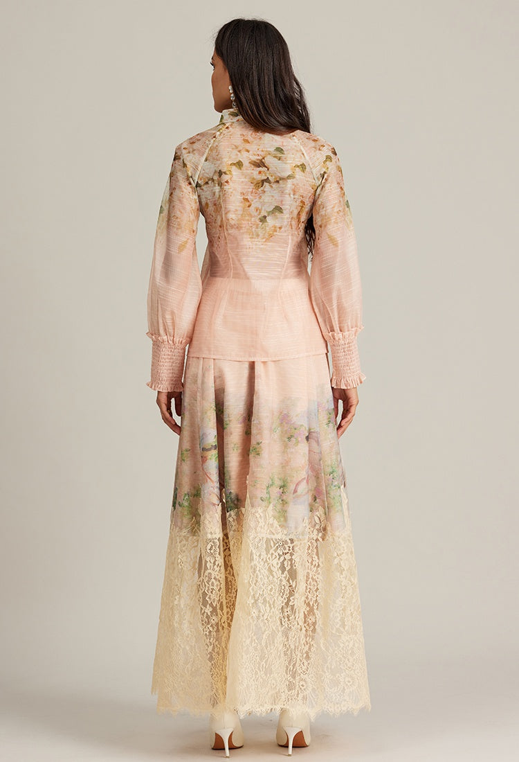 CM-SY002943 Women Elegant European Style Lace Stand Collar Long Sleeve Blouse With Maxi Skirt - Set