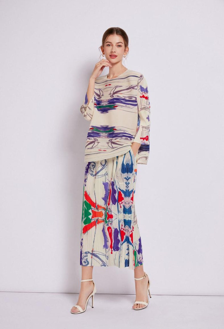 CM-SY003673 Women Elegant European Style Round Neck Long Sleeve Blouse With Long Pleats Skirt - Set