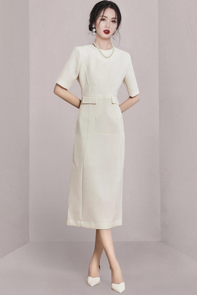 CM-DY005697 Women Elegant Seoul Style Round Neck Short Sleeve Slim Midi Dress - Beige