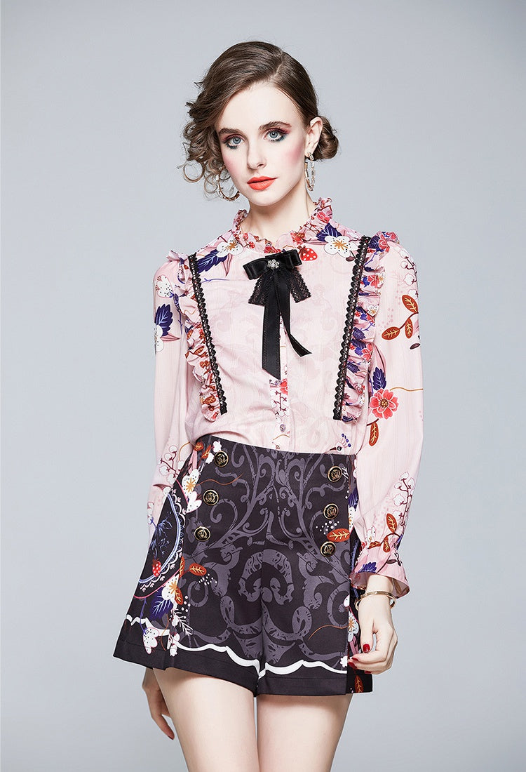 CM-SY005981 Women Elegant European Style Stand Collar Long Sleeve Top With High Waist Shorts - Set