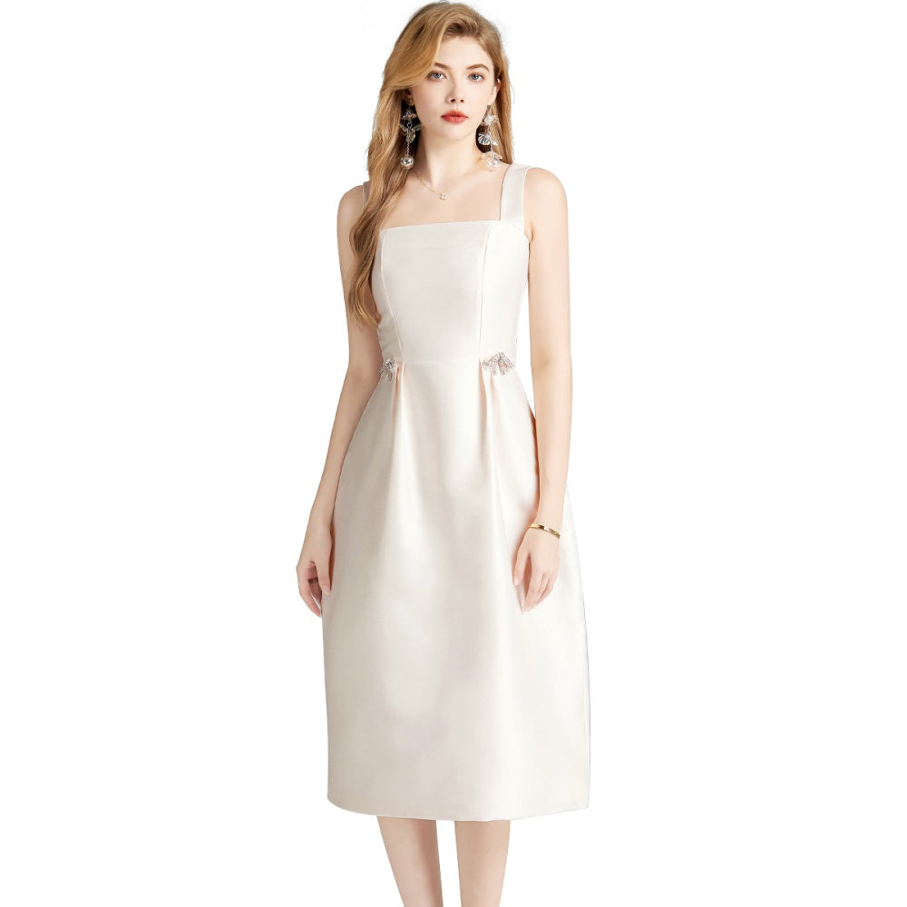 CM-DY007600 Women Elegant European Style Square Neck Sleeveless A-Line Dress - Apricot