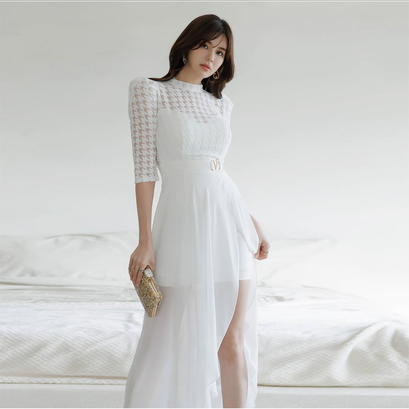 CM-DY007662 Women Elegant Seoul Style Stand Collar Half Sleeve Lace Dress - White