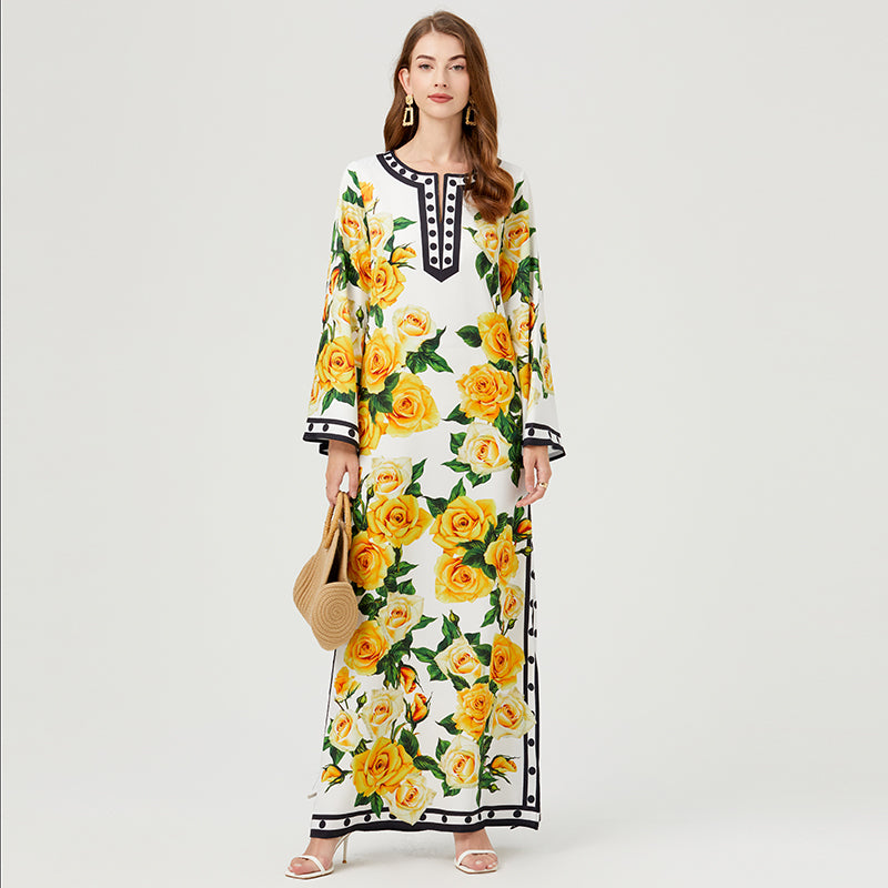 CM-DY007762 Women Retro European Style Floral Prints Long Sleeve Maxi Dress - Yellow