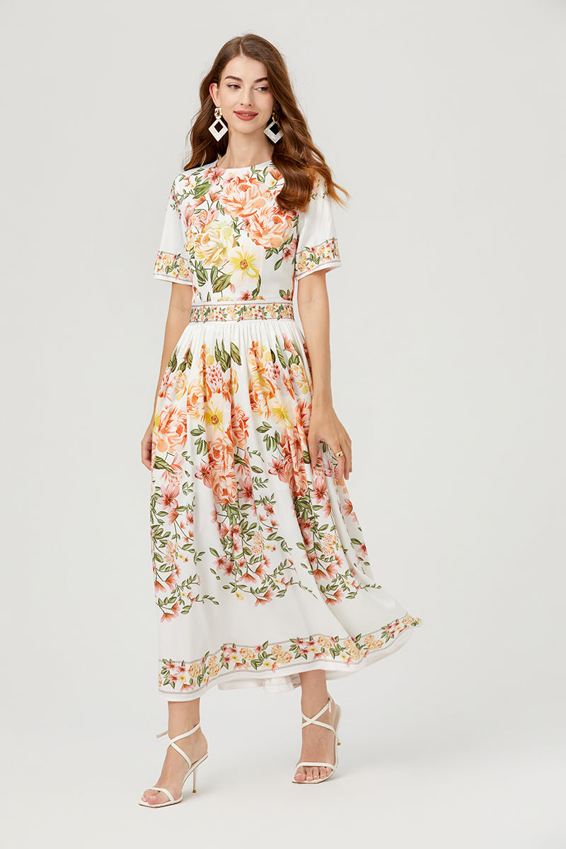 CM-DY007763 Women Casual Euroepan Style Floral Prints Round Neck Short Sleeve A-Line Dress