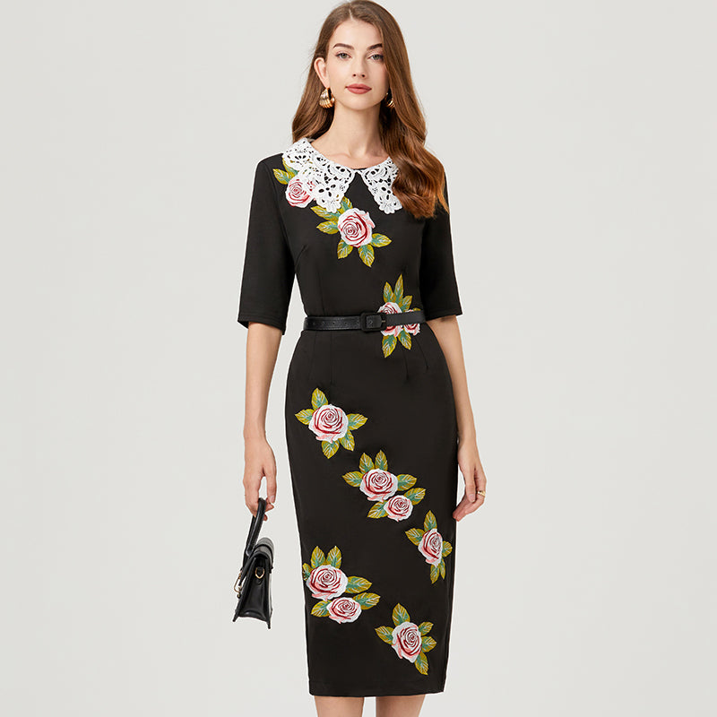 CM-DY007958 Women Elegant European Style Floral Embroidery Short Sleeve Dress With Belt