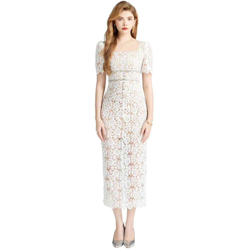 CM-DY008386 Women Elegant European Style Round Neck Short Sleeve Hollow Slim Lace Long Dress - Beige