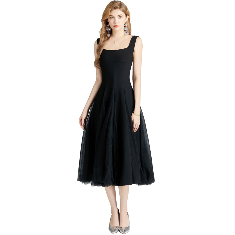 CM-DY008390 Women Elegant European Style Gauze Sling Sleeveless Mid-Length Dress - Black