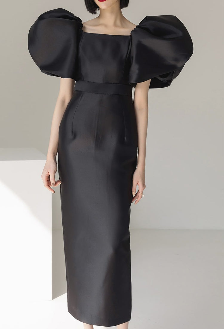 CM-DY008607 Women Elegant European Style Square Collar Puff Sleeve Long Dress - Black