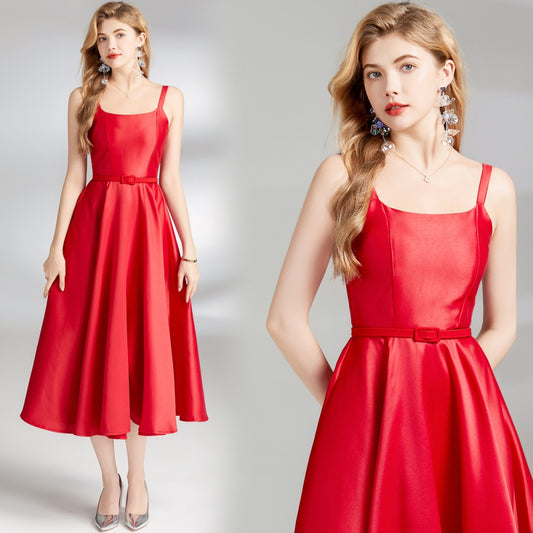 CM-DY009846 Women Elegant European Style Sling Pinched Waist With Belt Slim Dress - Red
